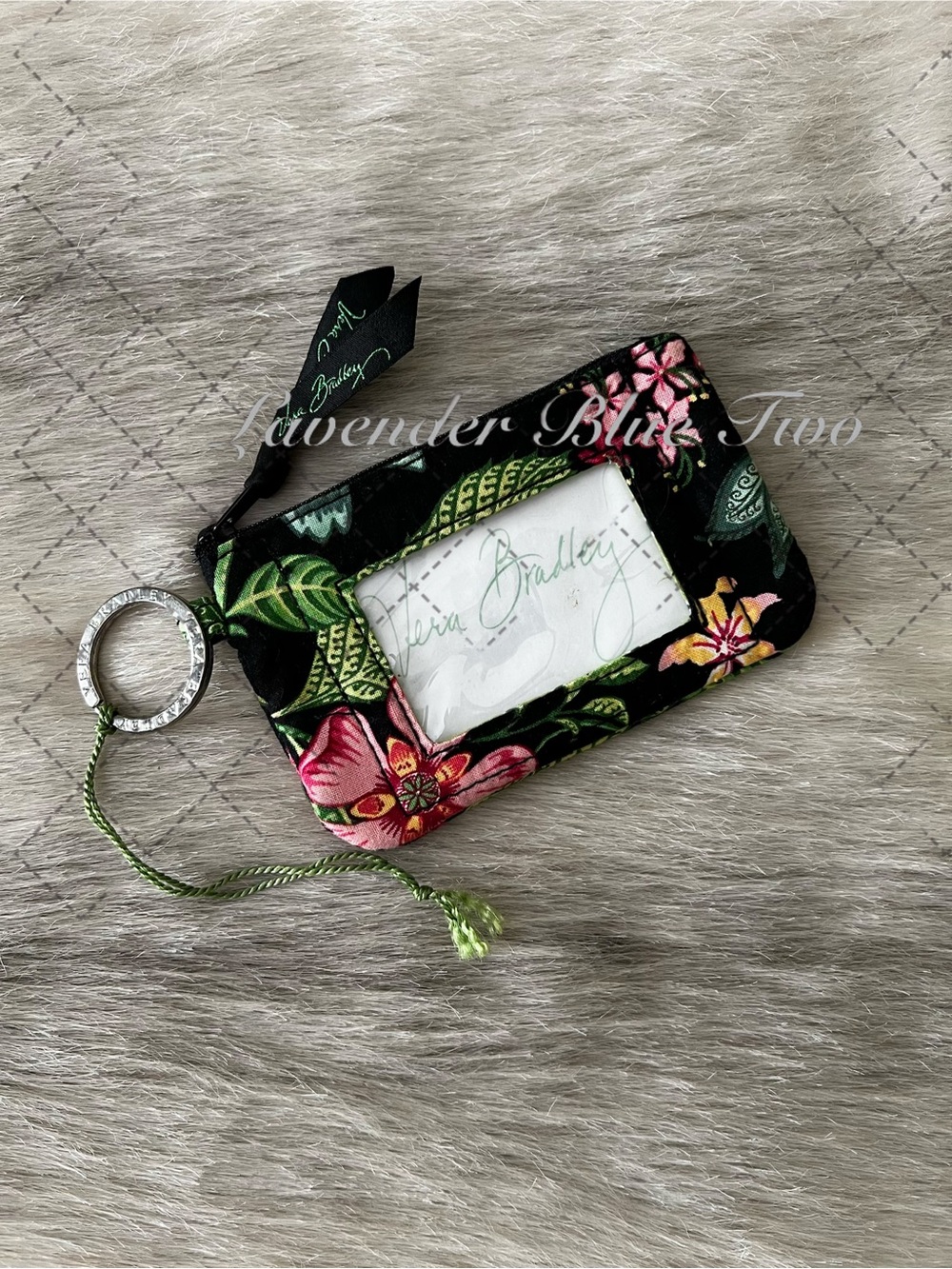 Vintage VERA BRADLEY Botanica 2007 ID Zip Pouch Keyring Luggage Tag Green Floral